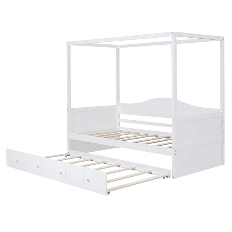 Solid Wood Twin Size Canopy Daybed with Twin Trundle Bed,White
