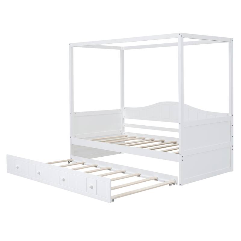 White Twin Size Canopy Daybed with Trundle, Space-Saving Design