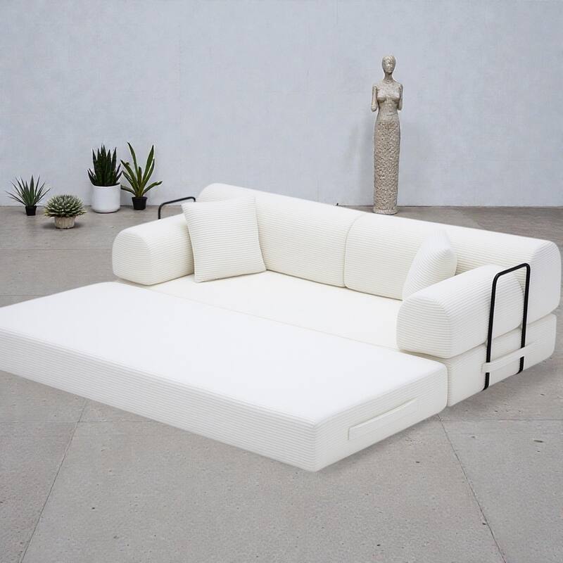 Convertible Sleeper Sofa Bed, 4-in-1 Corduroy Folding Floor Couch with Cylindrical Pillow, 2-Seat Space-Saving Lounge Sofa