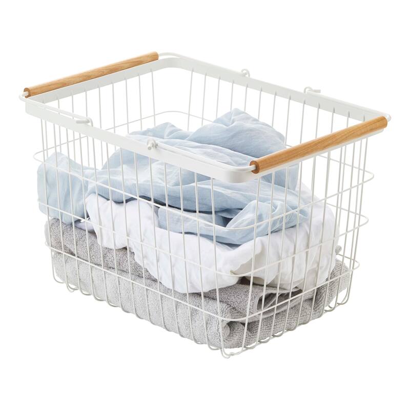 Yamazaki Home Wire Basket - Two Sizes, Steel and Wood, Medium, 6 gallons, 23 liters, Holds 6.6 lbs - Medium - White