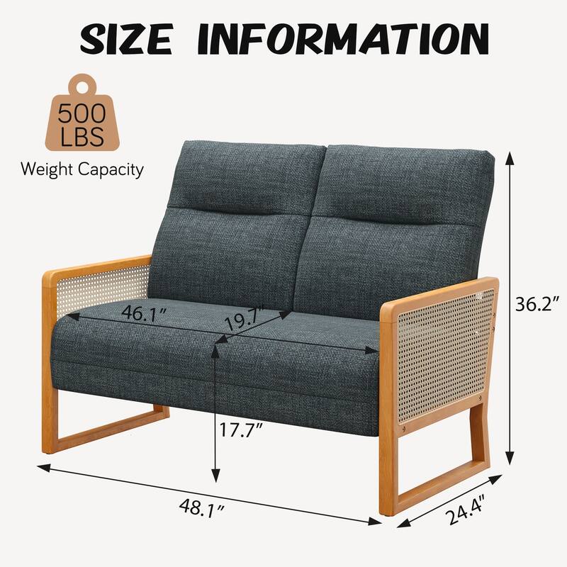 48.1" Modern Upholstered Loveseat Sofa for Small Space with Rattan Arms