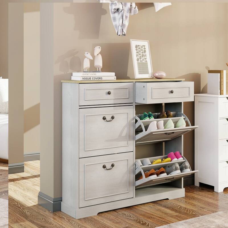 Shoe Storage Cabinet with 2 Drawers 4 Flip Drawers Adjustable Shelf Freestanding Slim Antique White Entryway