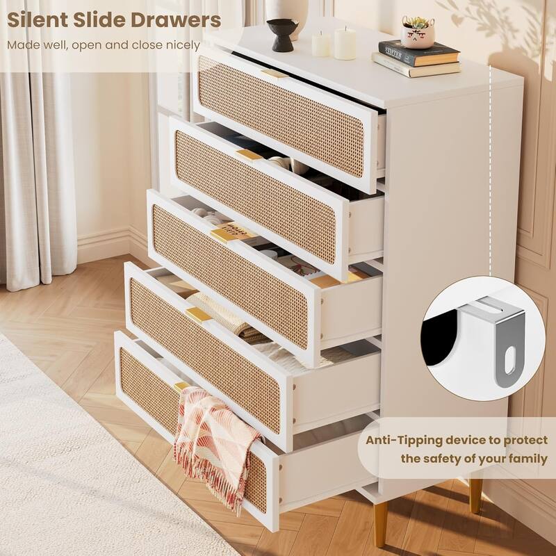 Rattan 5 Drawer Tall Dresser for Bedroom, Large Chest with Deep Drawers and Wide Top for Closet or Hallway