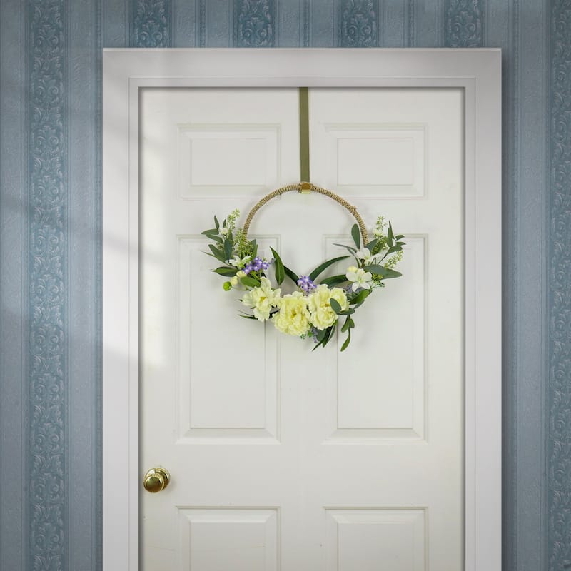 National Tree Company 18 inch Artificial Spring Wreath with Peony Flower Blooms, Mini Blossoms, and Flowing Green Stems