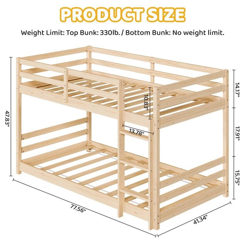 Kids Low Floor Bunk Bed Twin Over Twin With Guard Rails And Stairs