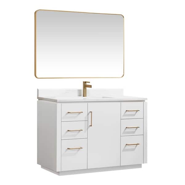 slide 2 of 16, San Single Bath Vanity with Composite Stone Top and Mirror 48in. - White