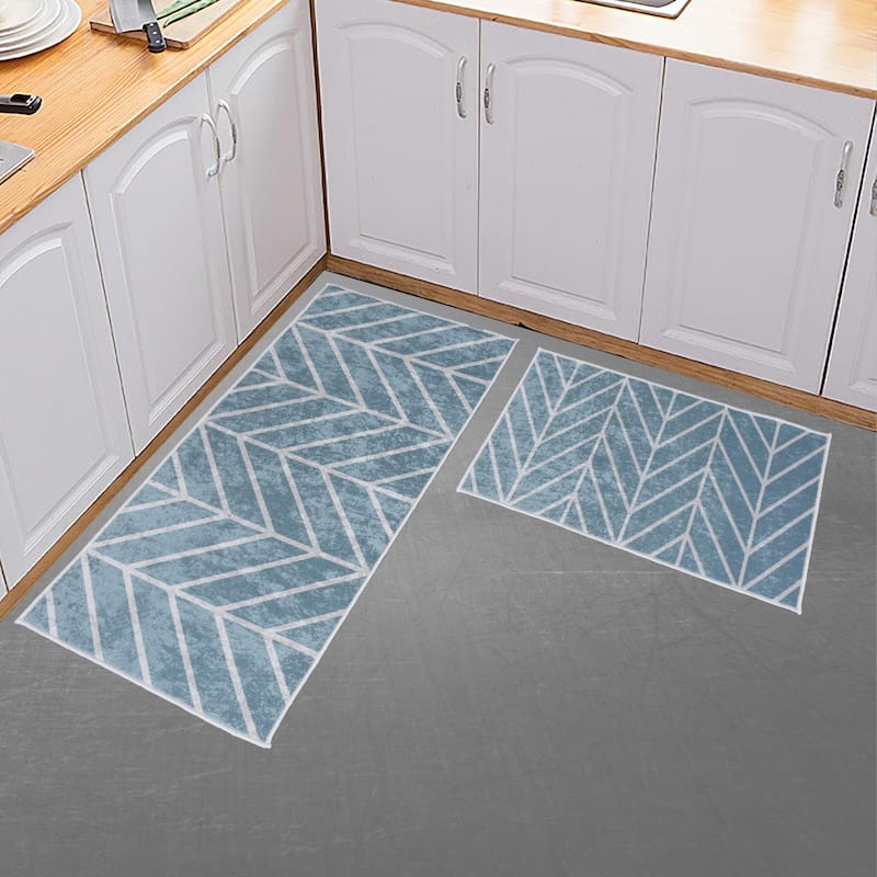 Non-skid Washable Kitchen Runner Rugs (Set of 2) - Set of 44 x 24 and 31.5 x 20 Inches - Fascino-Teal