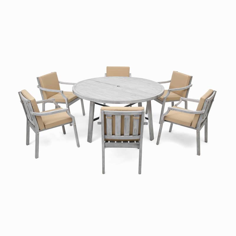 Roomfitters 6-Person Outdoor Wooden Dining Set with Umbrella Hole & Removable Cushions for Patio or Garden, Antique Gray
