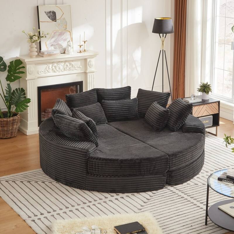 78.5" Corduroy Round Oversized 2-In-1 Sofa Bed, Neck Pillow Design With Four Throw Pillows