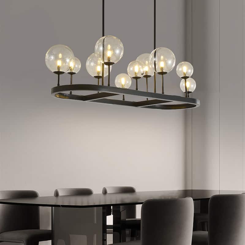 10-Light Kitchen Island Chandelier with Clear Glass Globes - Matte Black