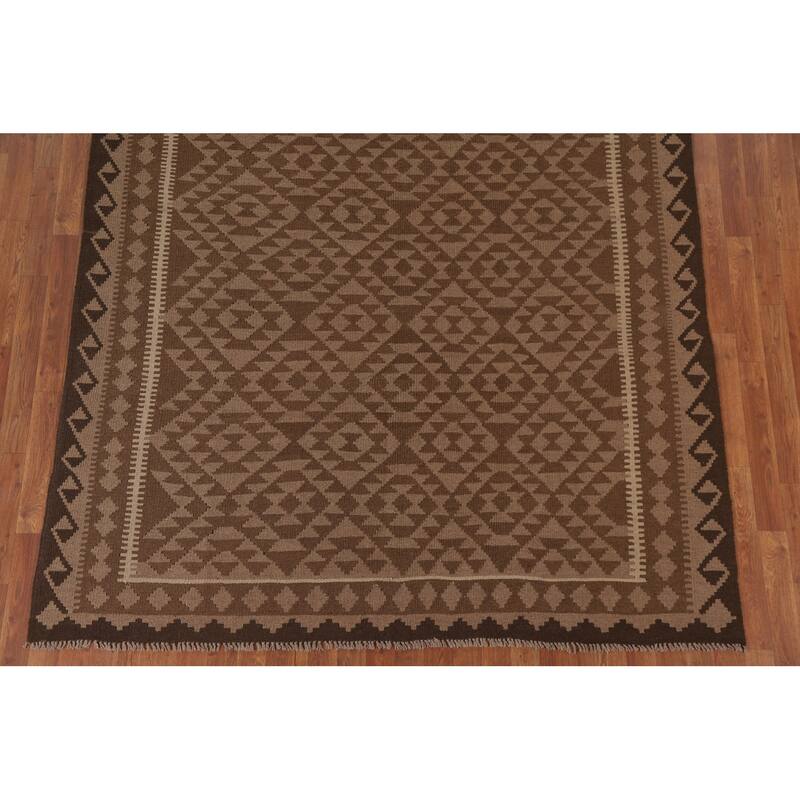 Hand Woven Oriental 100% Wool Carpet Southwestern Geometric Brown Kilim Area Rug - 9' 4'' X 6' 8''