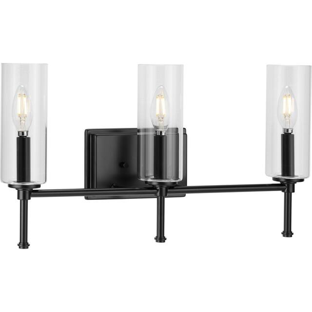 Elara Collection Three-Light Matte Black Clear Glass New Traditional Bath Vanity Light - 22.125 in x 5.12 in x 11.5 in