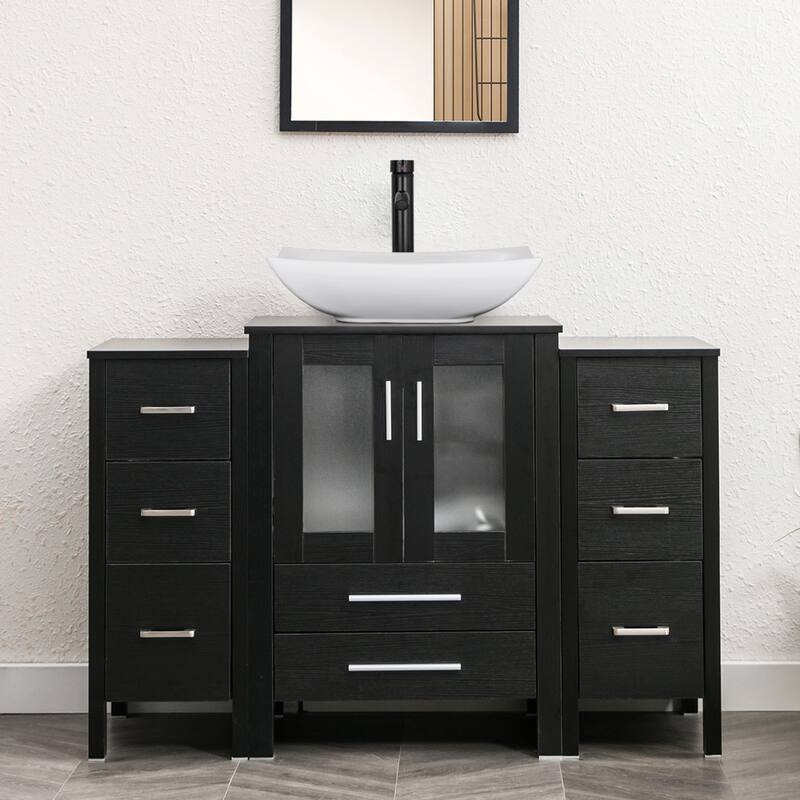 48" Bathroom Vanity Set Vessel Sink Faucet W/ Small Cabinet Combo - white ceramic curved sink - Black