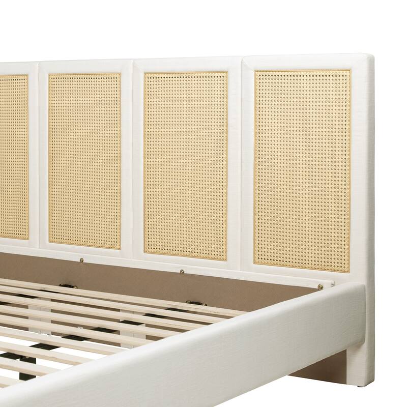Jennifer Taylor Home Toscana Upholstered Cane Back Platform Bed, Antique White Polyester