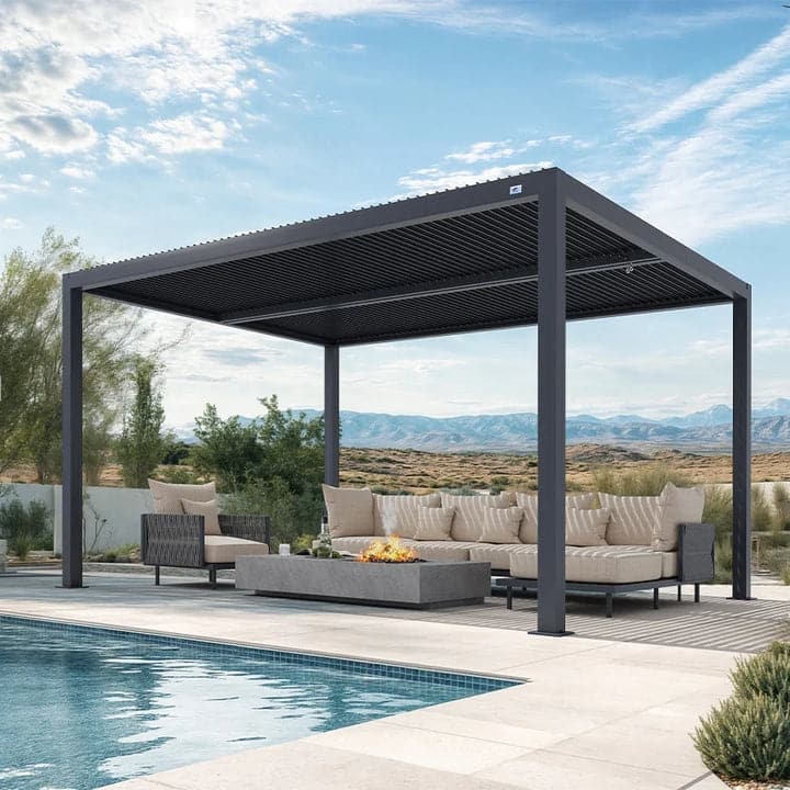 PURPLE LEAF Gray Louvered Pergola Outdoor Aluminum Pergola with Adjustable Roof for Patio Grey Hardtop Gazebo - 11' x 15' - Grey