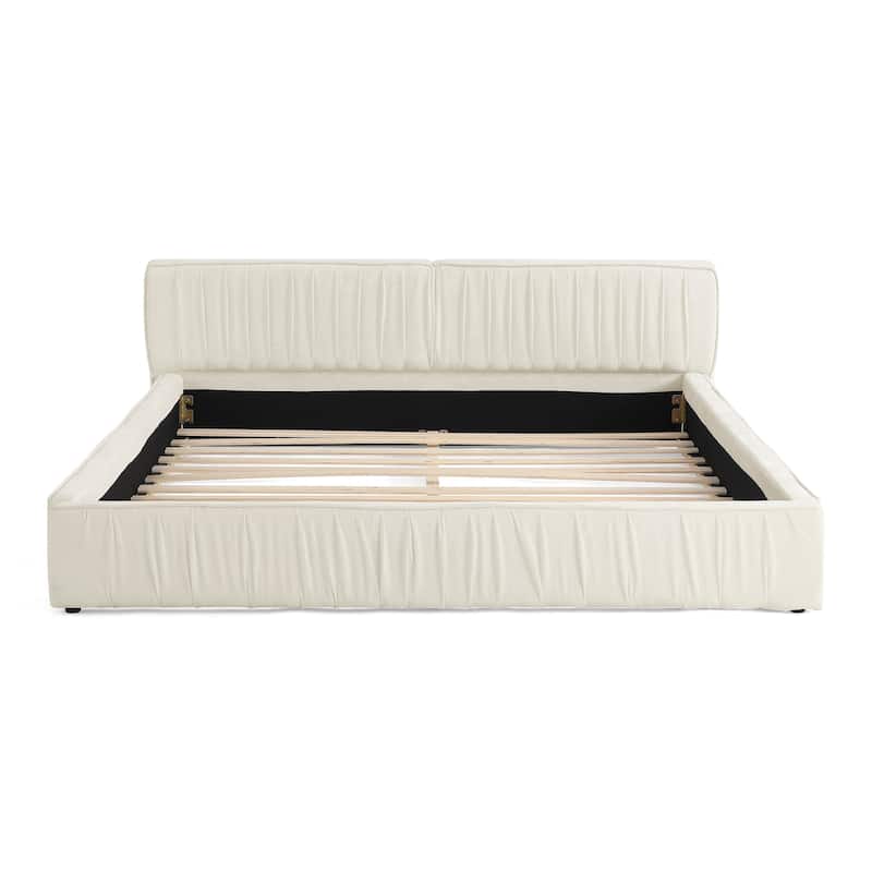Queen Size Upholstered Bed Frame - Chenille Fabric, Pleated Design, Headboard, No Box Spring Needed