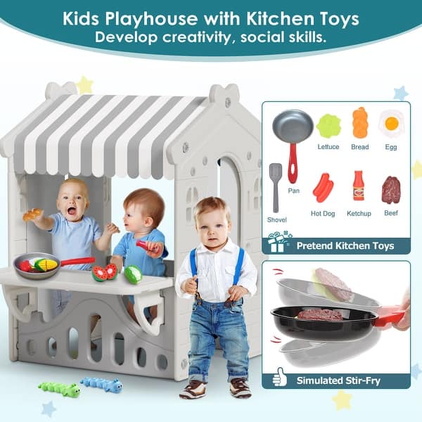 slide 2 of 7, Gray Kids Playhouse with Cute Kids Pretend Play Kitchen Toys Set, Outdoor Playhouse for Toddlers Aged 1-3 2-4 Years