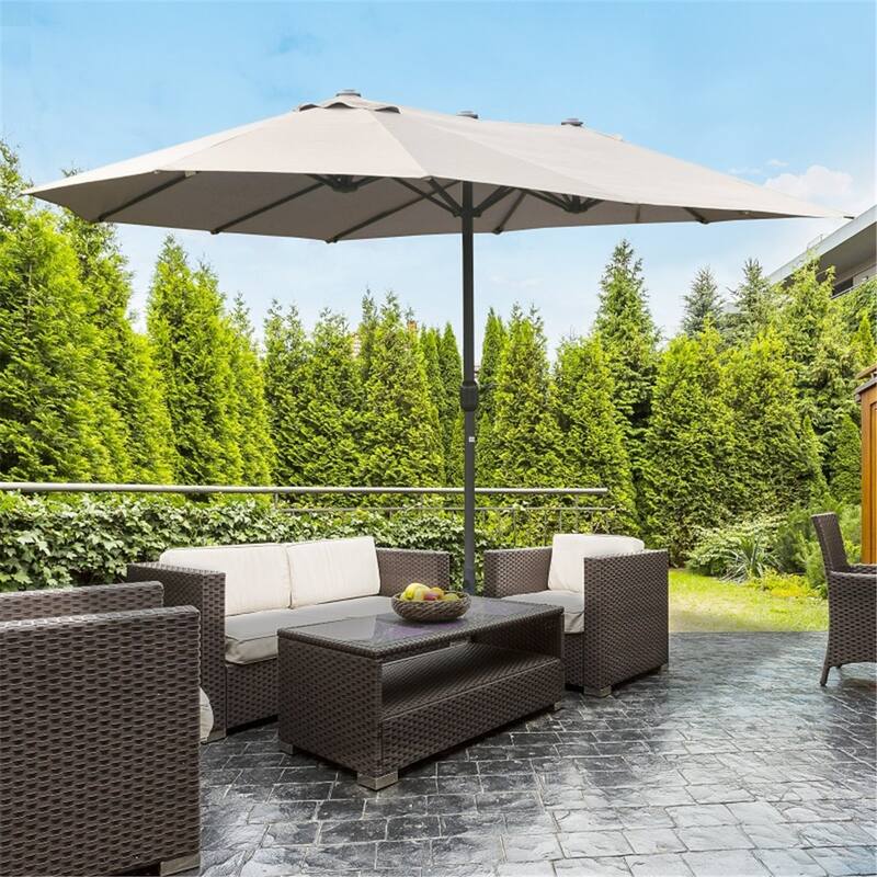 Large 15ft Outdoor Sun Umbrella with Double Canopy and 12 Steel Ribs Crank Lift for Garden or Deck