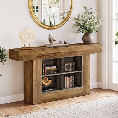 63" Long Console Table, Rustic Entryway Table with 4 Storage Cubes