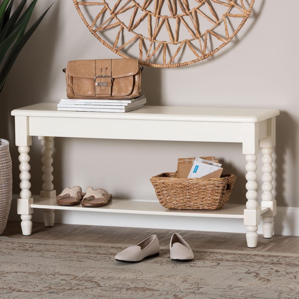 Bayard Accent Bench with Bobbin Legs - Spindle Leg Entryway Bench with Shelf, Cottage Farmhouse Style Hallway or Mudroom Seating