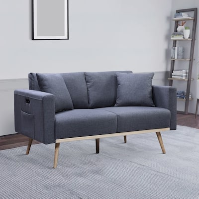 Mico 57 Inch Modern Loveseat, USB Ports and Side Pocket, Dark Gray Fabric