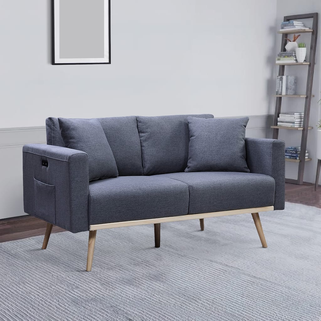 Mico 57 Inch Modern Loveseat, USB Ports and Side Pocket, Dark Gray Fabric