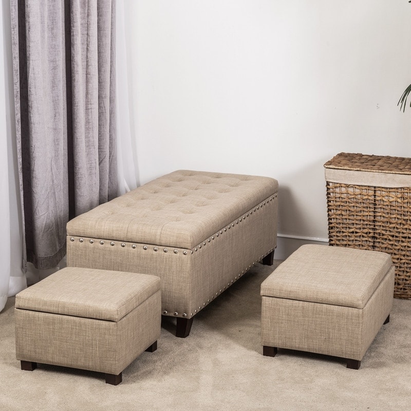 Adeco Set of 3 Linen Fabric Storage Ottoman Bench Lift Top Footstool
