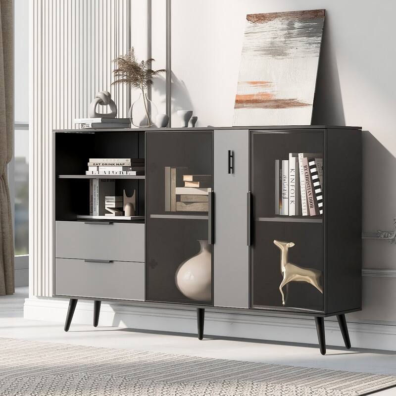 Glass Door Storage Cabinet with Drawers and Metal Handles, Living Room Modern Buffet Sideboard