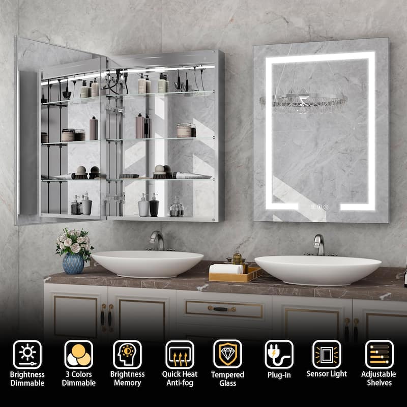 Rectangular Aluminum Recessed/Surface Mount Frameless Anti-Fog Medicine Cabinet with Dimmable LED Lights