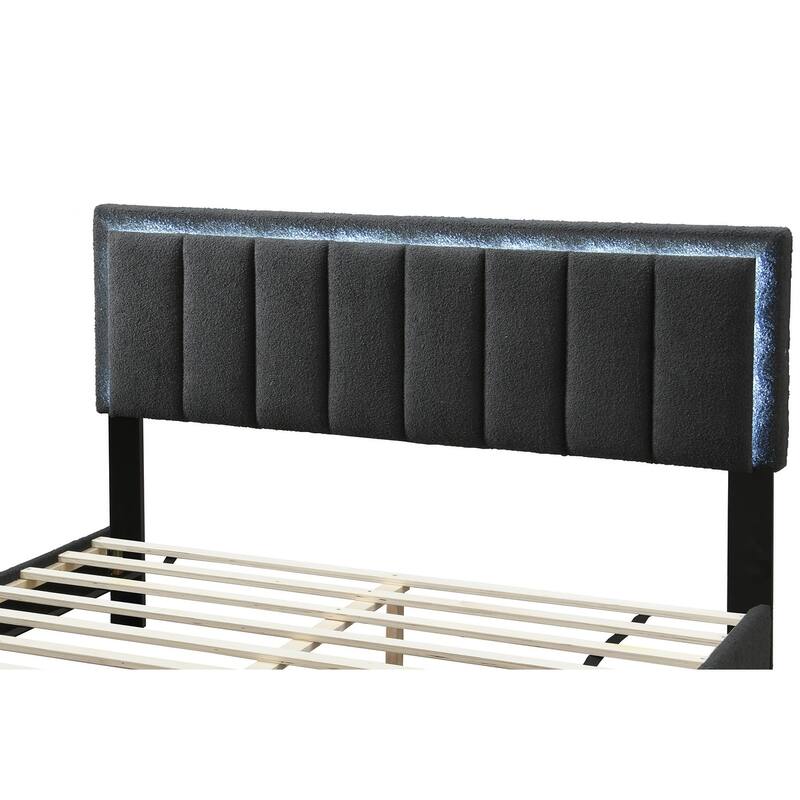 1pc Queen Size Bed Charcoal Wool Fabric Channel Tufting w LED Full Upholstered Bedframe Bedroom Bed