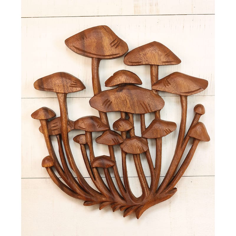 12" Wood Mushroom Wall Panel - Hand Carved Nature Wall Art, Rustic Woodland Home Decor - 12" tall x 10.5" wide x 1" deep