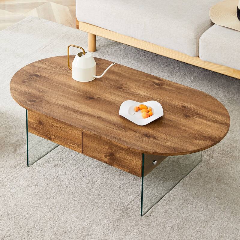 Elegant Coffee Table with Double Drawers and Transparent Glass Sides