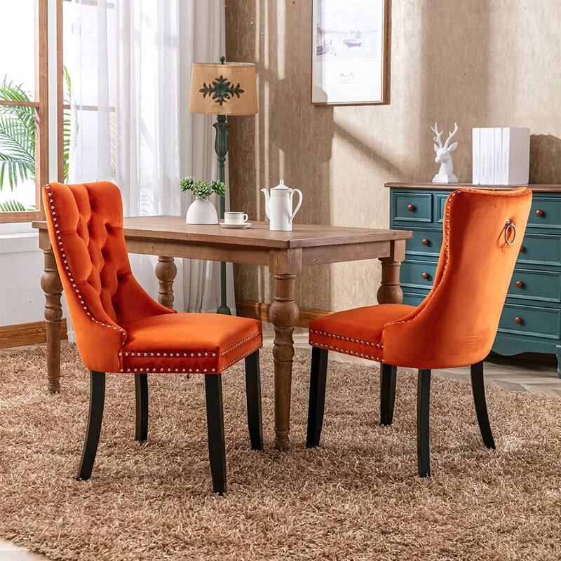 Set of 2 Velvet Dining Chairs – Tufted Upholstered Armless Accent Chairs with Nailhead Trim & Back Ring Pull