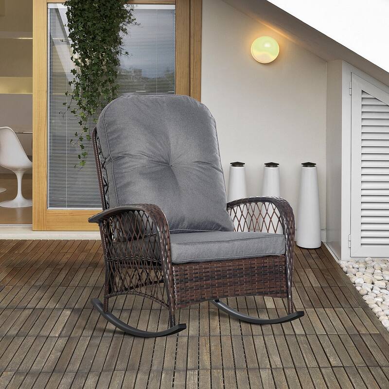 Outsunny Outdoor Wicker Rocking Chair with Wide Seat, Thick, Soft Cushion, Rattan Rocker w/Steel Frame