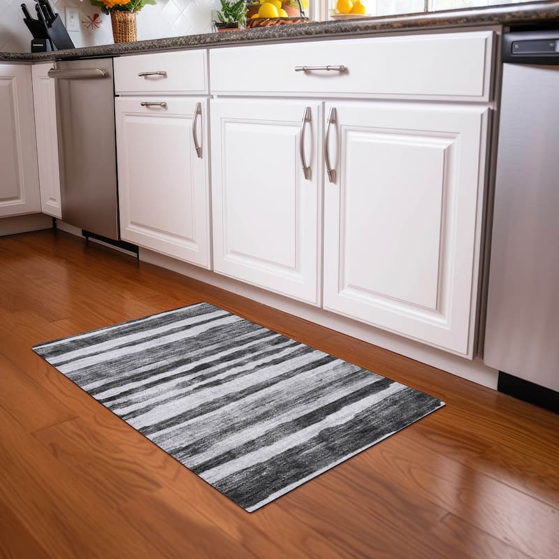Machine Washable Indoor/ Outdoor Moroccan Stripe Chantille Rug - Charcoal - 1'8" x 2'6"