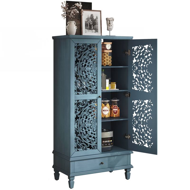 Tall Storage Cabinet with Drawer, Decorative 2-Door Carved Wood Accent Cabinet