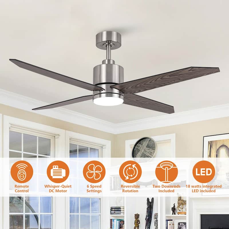 52" Modern Wooden 4-blade Brushed Nickel Ceiling Fan with Light and Remote