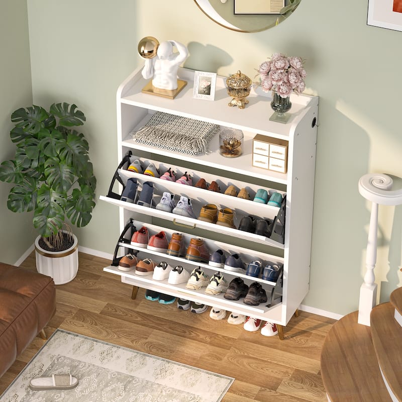 24 Pair Shoe Cabinet with Motion Sensor Light, Space-saving Slim Shoe Storage with 2 Flip Drawers Lighting for Entryway - White