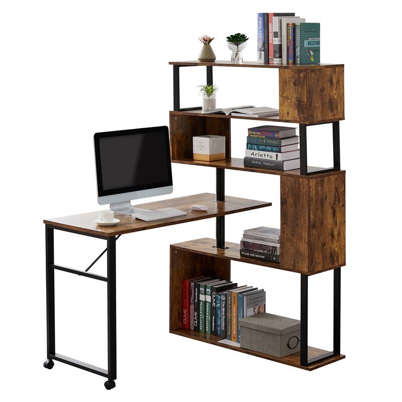 Home Office Computer Desk L-Shaped Corner Table, Rotating Office Desk with 5-Tier Bookshelf & Lockable Casters