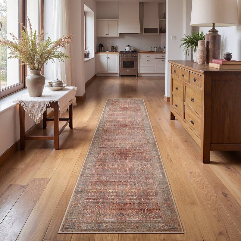 Mcow Floral Collection Machine-Washable Non-Slip Area Rug - 2' x 10' - Red - Runner