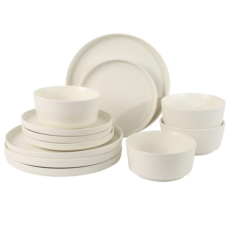 Gibson Home Dempsey Road 12-Piece Durable Modern Embossed Stoneware Dinnerware Set - Service for 4 - Matte White