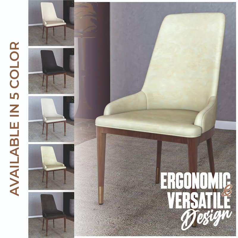 Dining Chair Upholstered in Leather with Rubberwood Frame Set of 2 Side Chair High Back and Gold Accent Legs