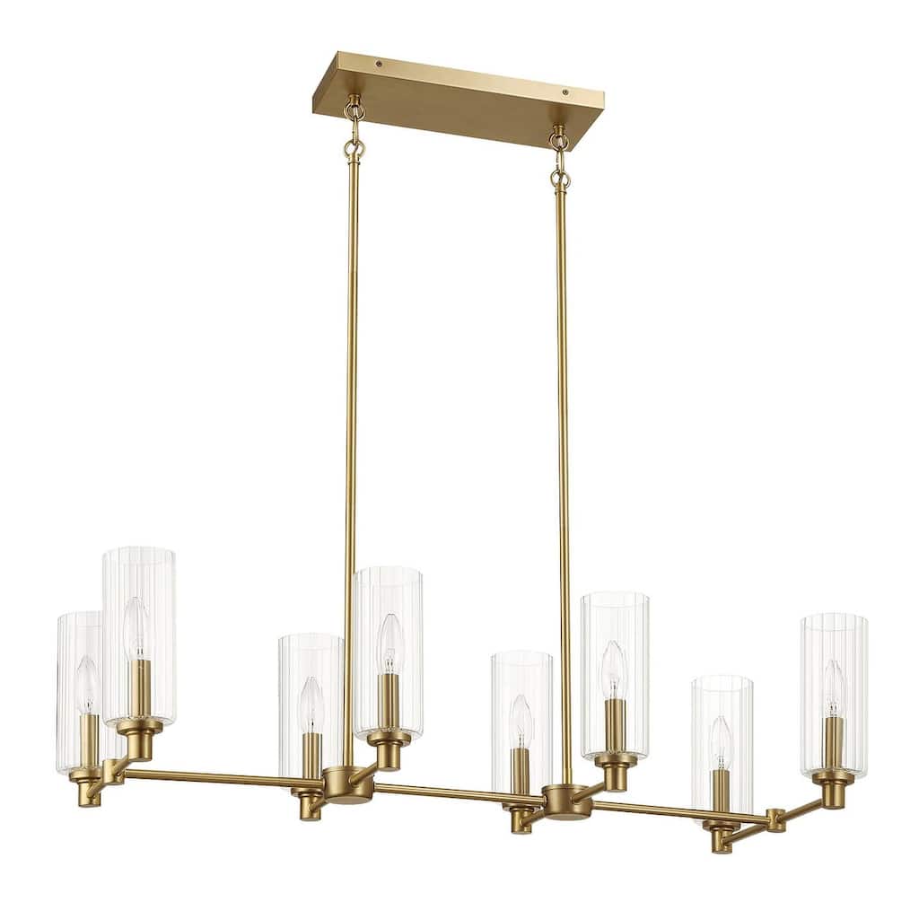 Eight Lights Island With Clear Ribbed Glass Pendant Lamp - Satin Brass