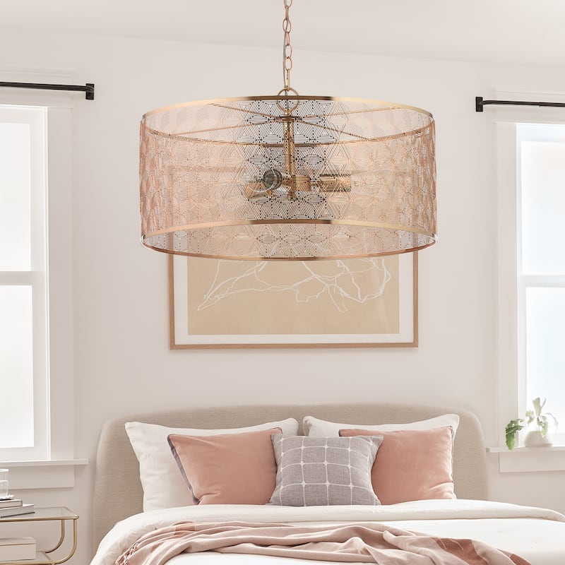 Haileigh River of Goods Gold Metal Drum-Shade Hanging Chandelier - 23.625" x 23.625" x 16/63"