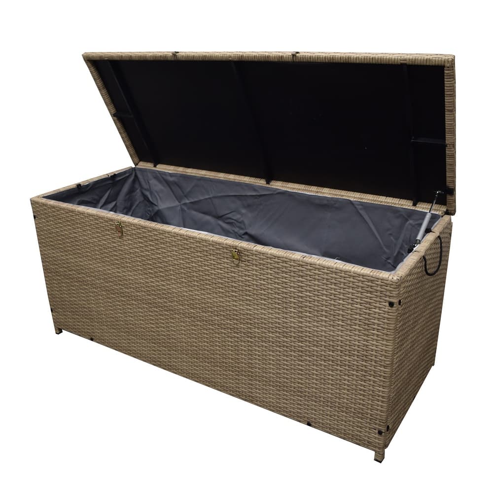 Indoor and Outdoor Balcony Patio Deck Porch Pool 113 Gallon Wicker Storage Box Trunk Bin with Metal Frame