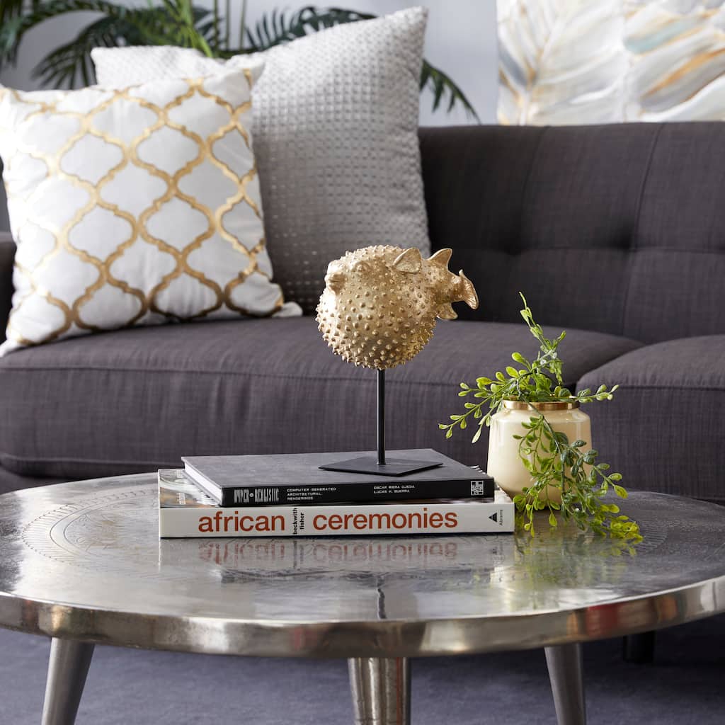 Gold Polyresin Handmade Spiked Blowfish Decorative Sculpture with Stand - 7 x 5 x 9