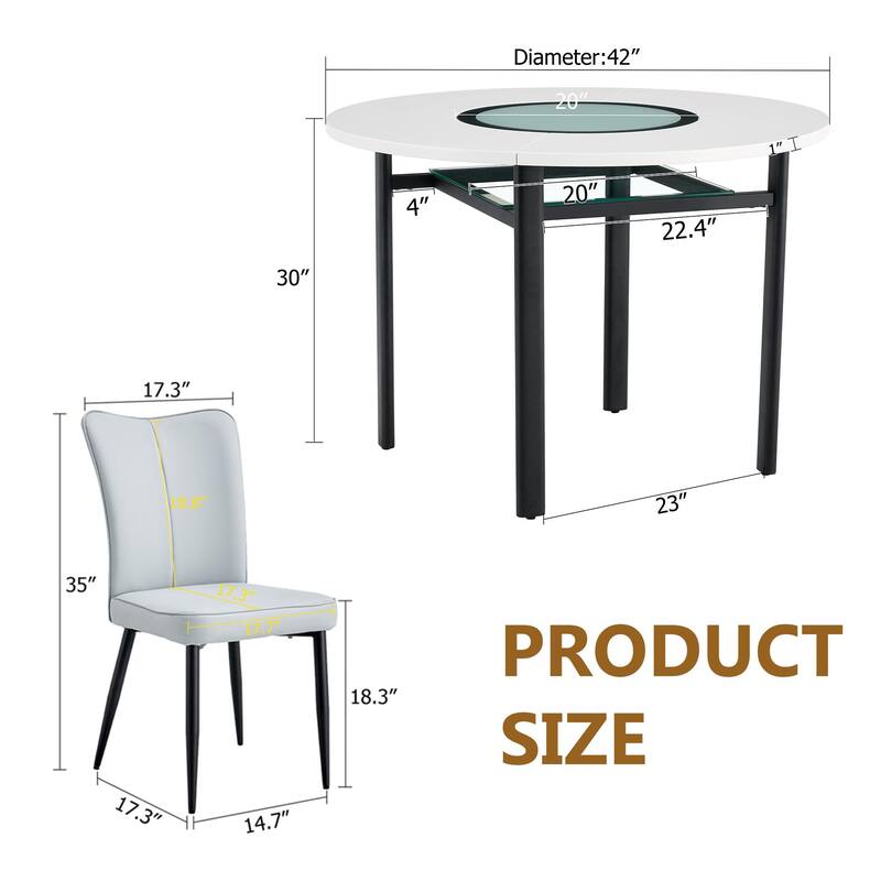 42 Inch Round Dining Table Set for 6, 7-Piece Kitchen Dining Table Set with Lower Storage Shelf, 6 Faux Leather Chairs