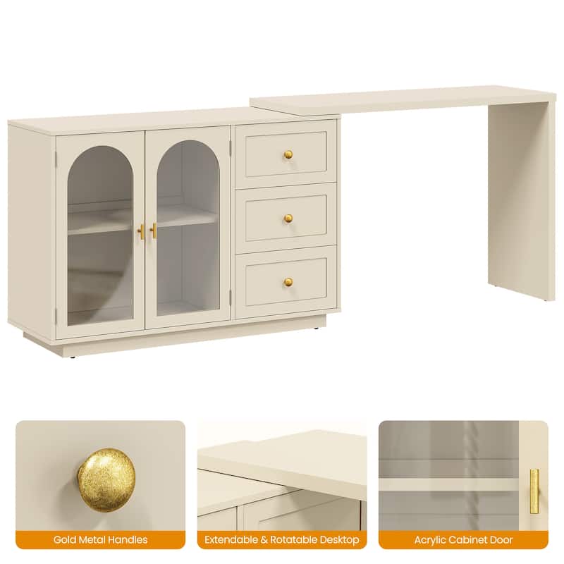 Extendable Makeup Vanity Desk with 3 Drawers & 2 Doors