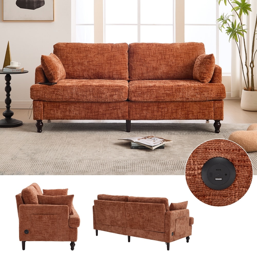 Modern Style Chenille 2-Seater Wood-Legged Sofa With Led Light, Usb Charging Port And Storage Bag Living Room Bedroom Study Room