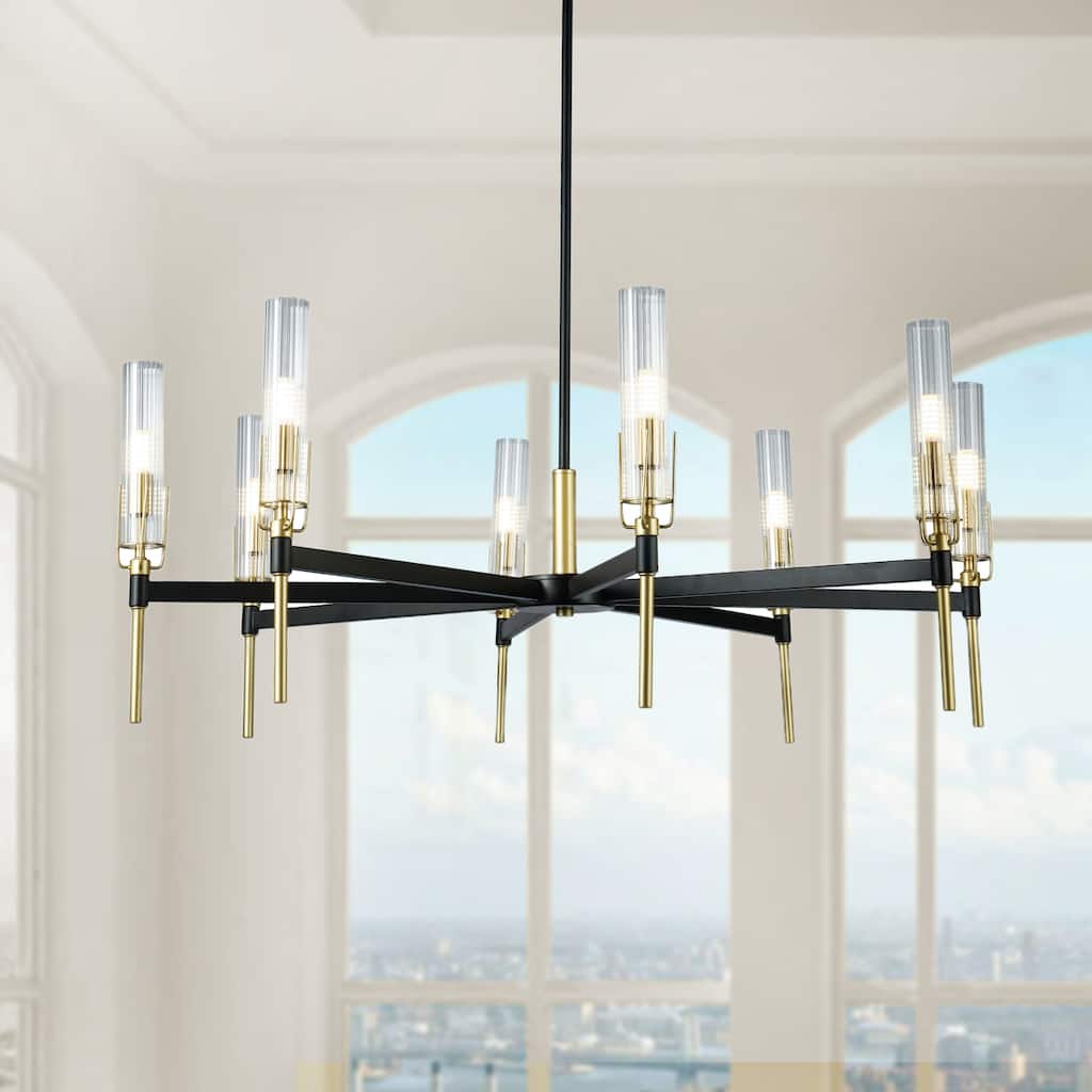 Hirsha Black and Gold 8-Light Torch Modern 33-Inch Chandelier with Glass Shade - Black-Gold